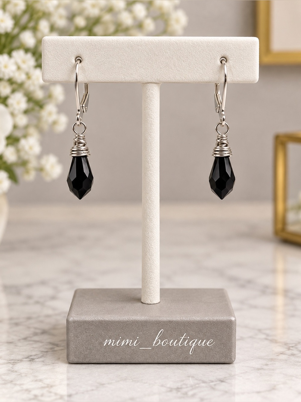 Handmade Swarovski Jet Black Crystal Silver Wire Wrapped Drop Earrings